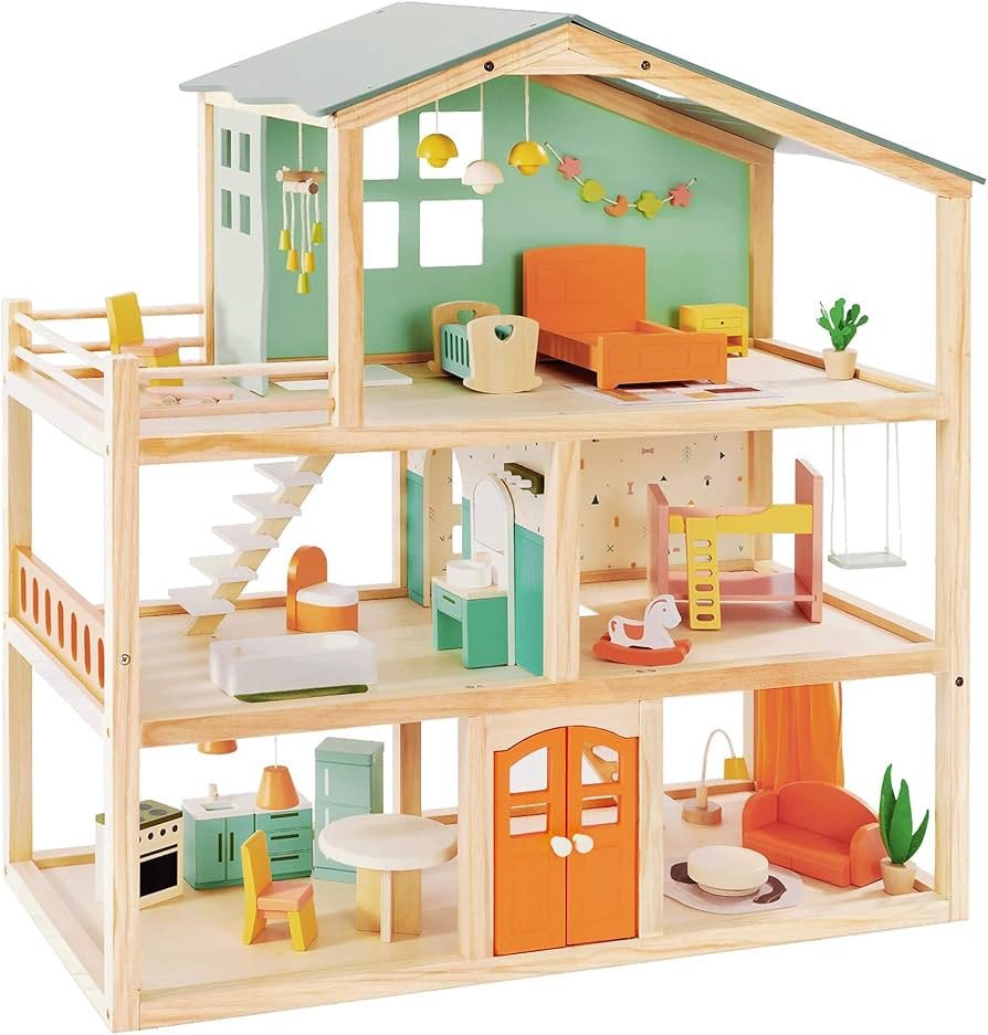 Giant bean Large Wooden Dollhouse with 32 Pcs Furniture Accessories, 3-Story Doll House 5 Rooms B... | Amazon (US)