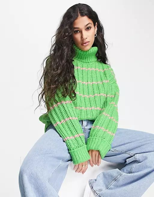 Pieces chunky roll neck sweater in green & pink stripe | ASOS (Global)