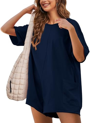 Lianlive Summer Rompers for Women Oversized T-Shirt Tee Romper Athletic Short Sleeve Workout Overall Jumpsuit Trendy Outfits (Navy-M) | Amazon (US)