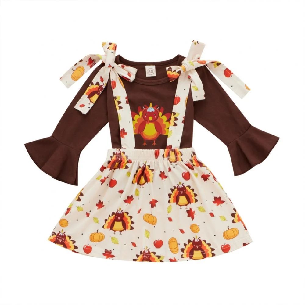 2Pcs Toddler Baby Girls Thanksgiving Outfits T-Shirt Top Suspender Skirt Set - Walmart.com | Walmart (US)