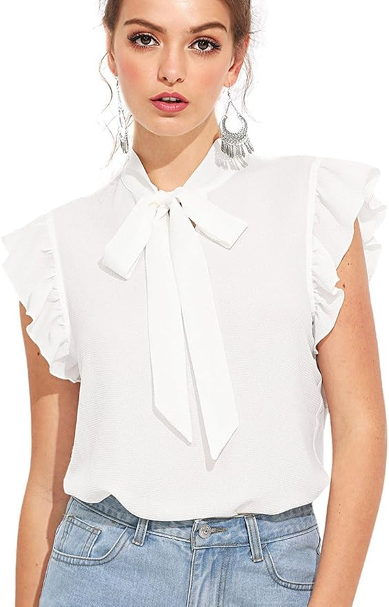 Romwe Women's Casual Short Sleeve Ruffle Trim Bow Tie Blouse Top Shirts | Amazon (US)