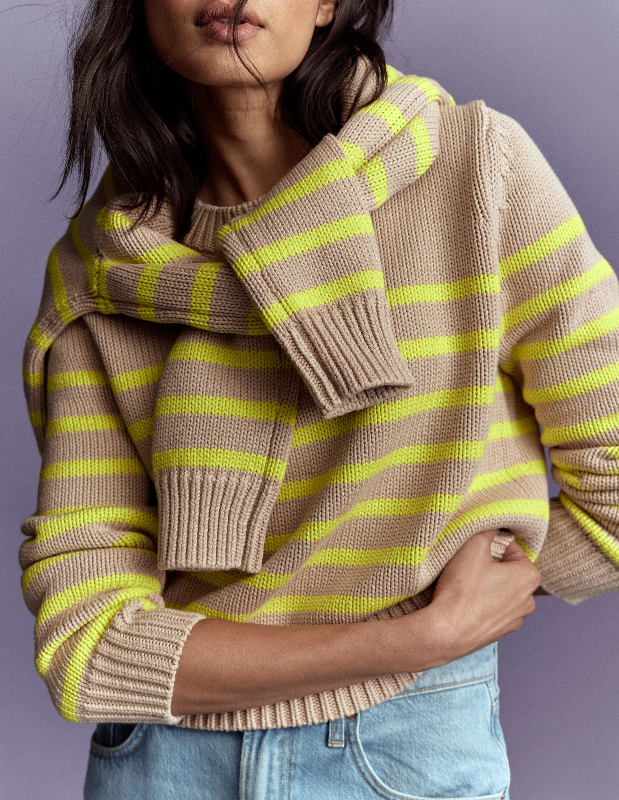 Lucy Chunky Cotton Sweater-Camel Melange, Neon Stripe | Boden (US)