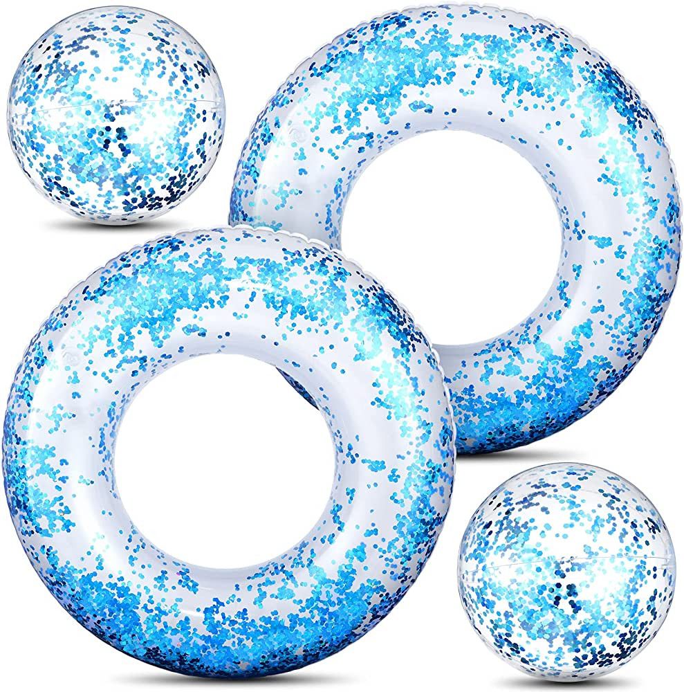 4 Pieces Inflatable Glitter Pool Float Tube Confetti Swim Ring and Glitter Beach Ball Confetti In... | Amazon (US)