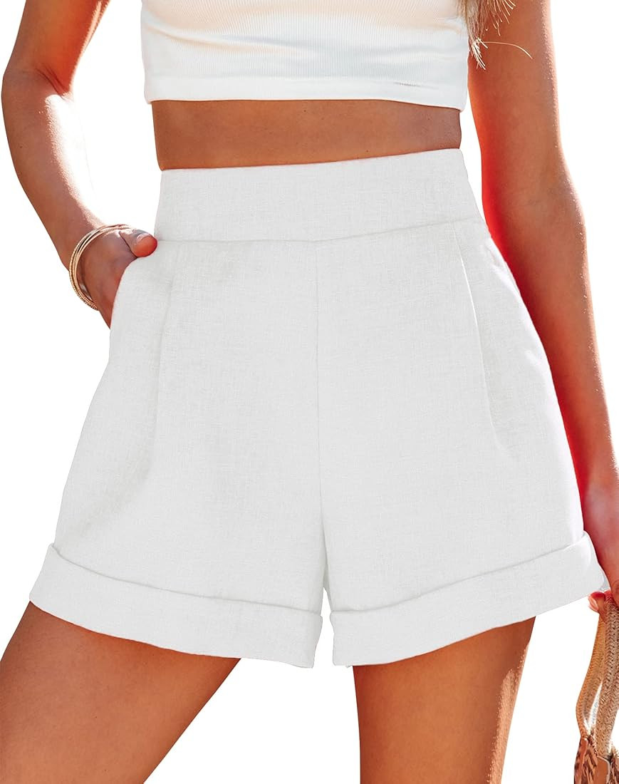 Uincloset Casual Elastic High Waist Denim Shorts Summer Rolled Hem Pocketed Shorts Comfy Wide Leg... | Amazon (US)