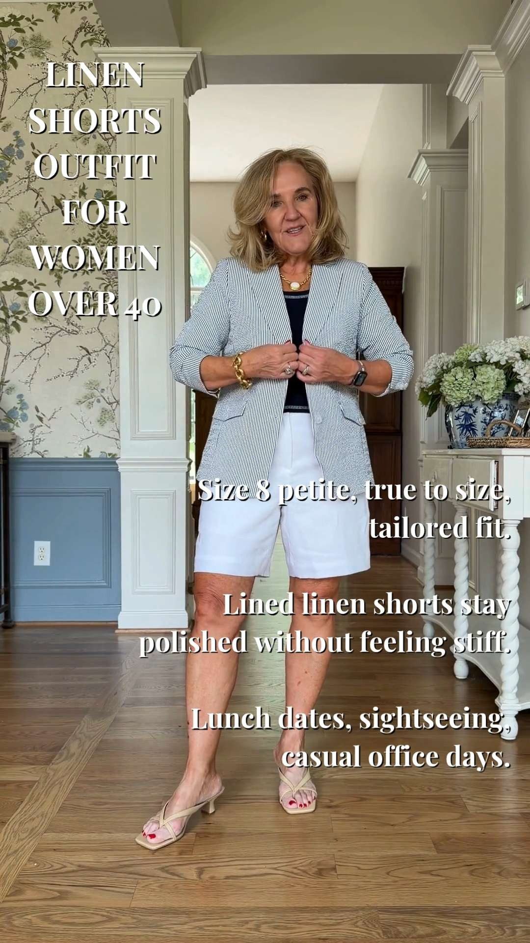 Tap the bell 🔔, heart ❤️ this post, and save for later!

If you want shorts that look polished without feeling too casual, this outfit solves it.

The lined linen shorts keep their shape and don’t feel see-through.
The scoop neck tee is soft, flattering, and easy to layer.
The lightweight seersucker blazer instantly makes the outfit feel pulled together.

Wearing my regular size in everything:
• Shorts: size 8 petite
• Tee: medium
• Blazer: petite 10

This is the kind of outfit that works for travel days, lunch with friends, casual office meetings, and summer dinners when you still want to feel polished.

Everything linked for easy shopping 🤍 

 #LTKootd #LTKOver40 #LTKSaleAlert