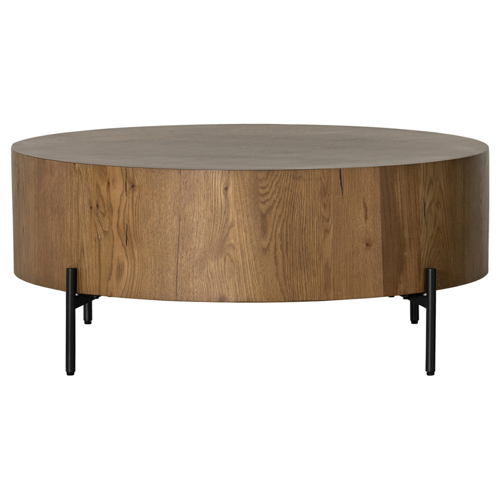 Alina Rustic Lodge Dark Brown Oak Wood Black Iron Base Round Coffee Table | Kathy Kuo Home