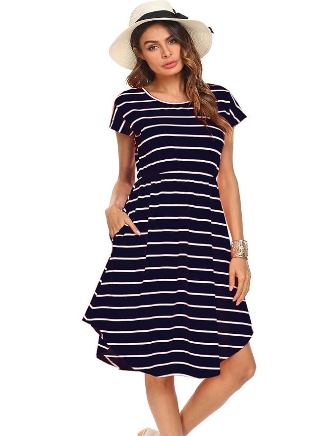 Halife Women's Summer Casual Stripe Elastic Waist Loose Beach Midi Dress | Amazon (US)