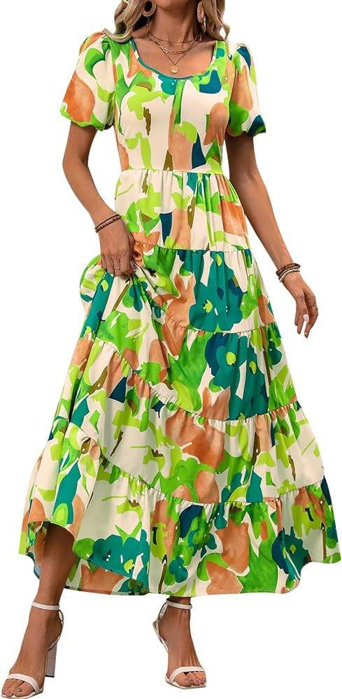 PRETTYGARDEN Puff Short Sleeve Cewneck Floral Long Fall Dresses for Women 2025 Flowy Tiered Hem M... | Amazon (US)