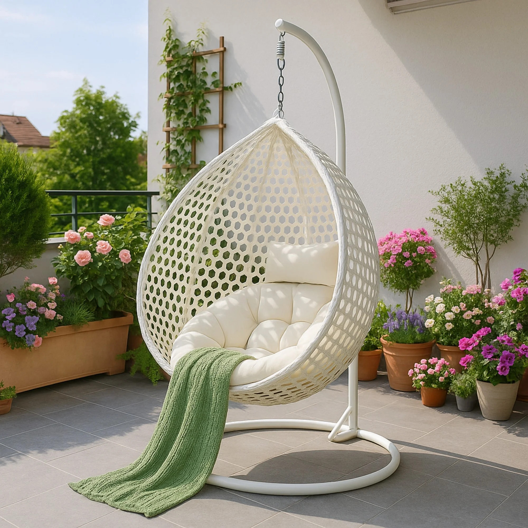 SUDICA Egg Chair with Stand and Cushion White Rattan 1 Piece for Outdoor Patio | Walmart (US)