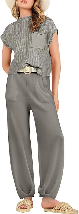 ANRABESS Women's Two Piece Outfits Sweater Sets Knit Pullover Tops and High Waisted Pants Tracksu... | Amazon (US)