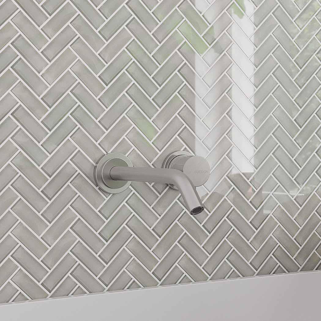 Pearl Gray Herringbone Glass Tile | Tile Club