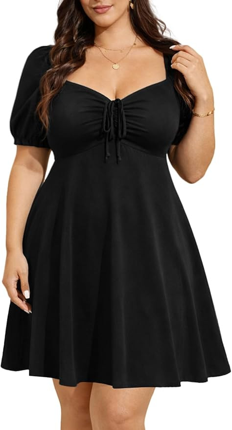 Pinup Fashion Women Plus Size Casual Puff Sleeve Summer Sundress Smocked Short A Line Babydoll Cu... | Amazon (US)