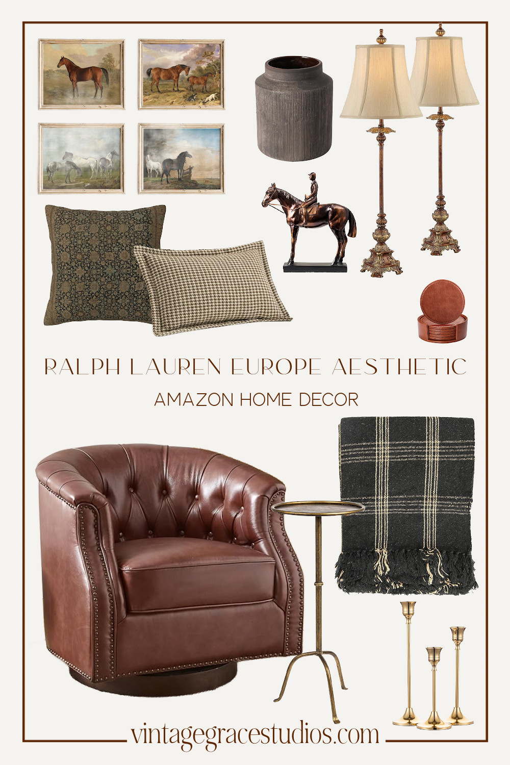 ralph lauren european aesthetic home decor... and its all amazon home decor! 

leather accent chair, brass side table, candlestick holder, plaid blanket, throw pillows, horse figure, horse print, lamps, nightstand lamps, coasters, leather coasters, vase, old money  

 #LTKHome