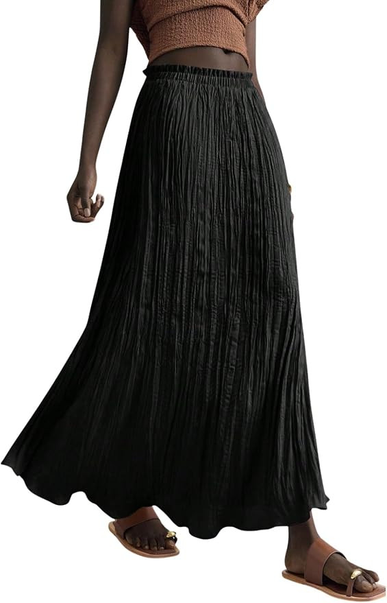 Verdusa Women's Satin Silk Boho Ruffle Flowy Long Skirts Textured Pleated Business Maxi Skirt | Amazon (US)