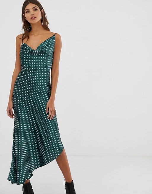 ASOS DESIGN midi slip dress in high shine satin in polka dot | ASOS US