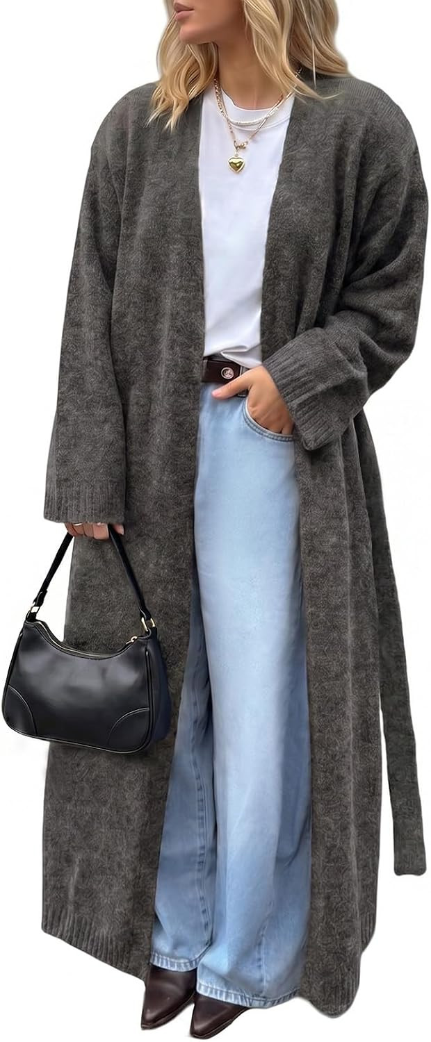 Tankaneo Womens Long Cardigan Sweater Oversized Open Front Coat with Belted | Amazon (US)