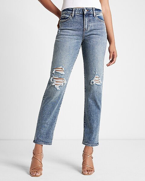 Mid Rise Medium Wash Ripped Boyfriend Jeans | Express