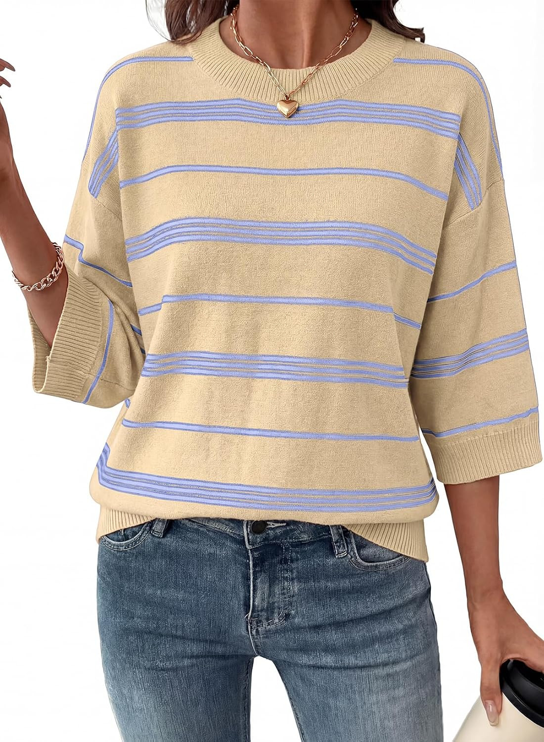 Dokotoo Womens Sweaters Oversized 3/4 Sleeve Striped Lightweight Knit Tops | Amazon (US)