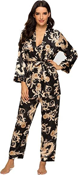 Escalier Women's Silk Satin Pajamas Set 3 Pcs Floral Silky Pj Sets Sleepwear Cami Nightwear with ... | Amazon (US)