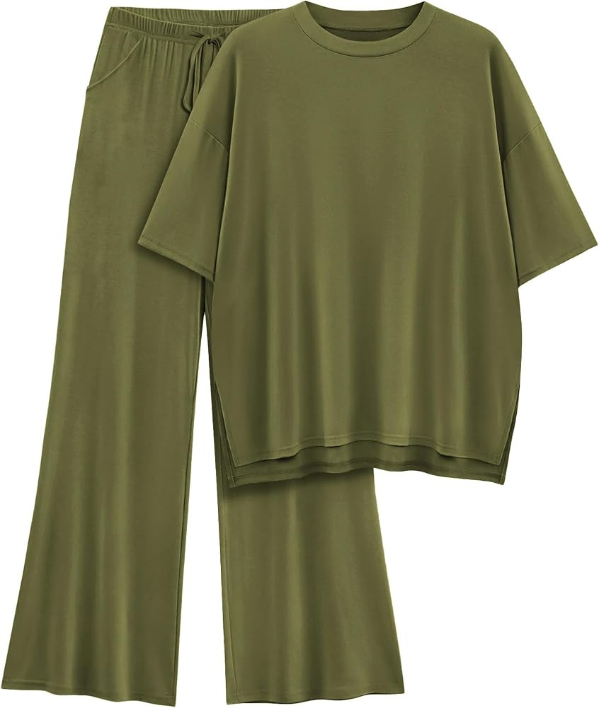 Womens Lounge Set 2026 Summer 2 Piece Outfits Oversized Short Sleeve Tops & Wide Leg Pant Matchin... | Amazon (US)