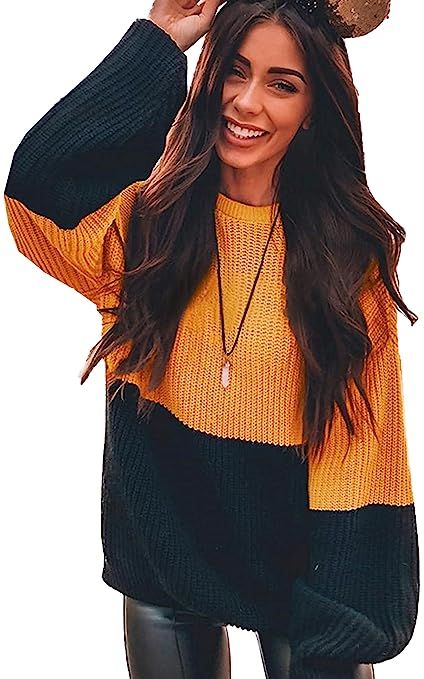 Angashion Women Sweaters-Oversized Chunky Knit Color Block Drop Shoulder Batwing Sleeve Pullover ... | Amazon (US)