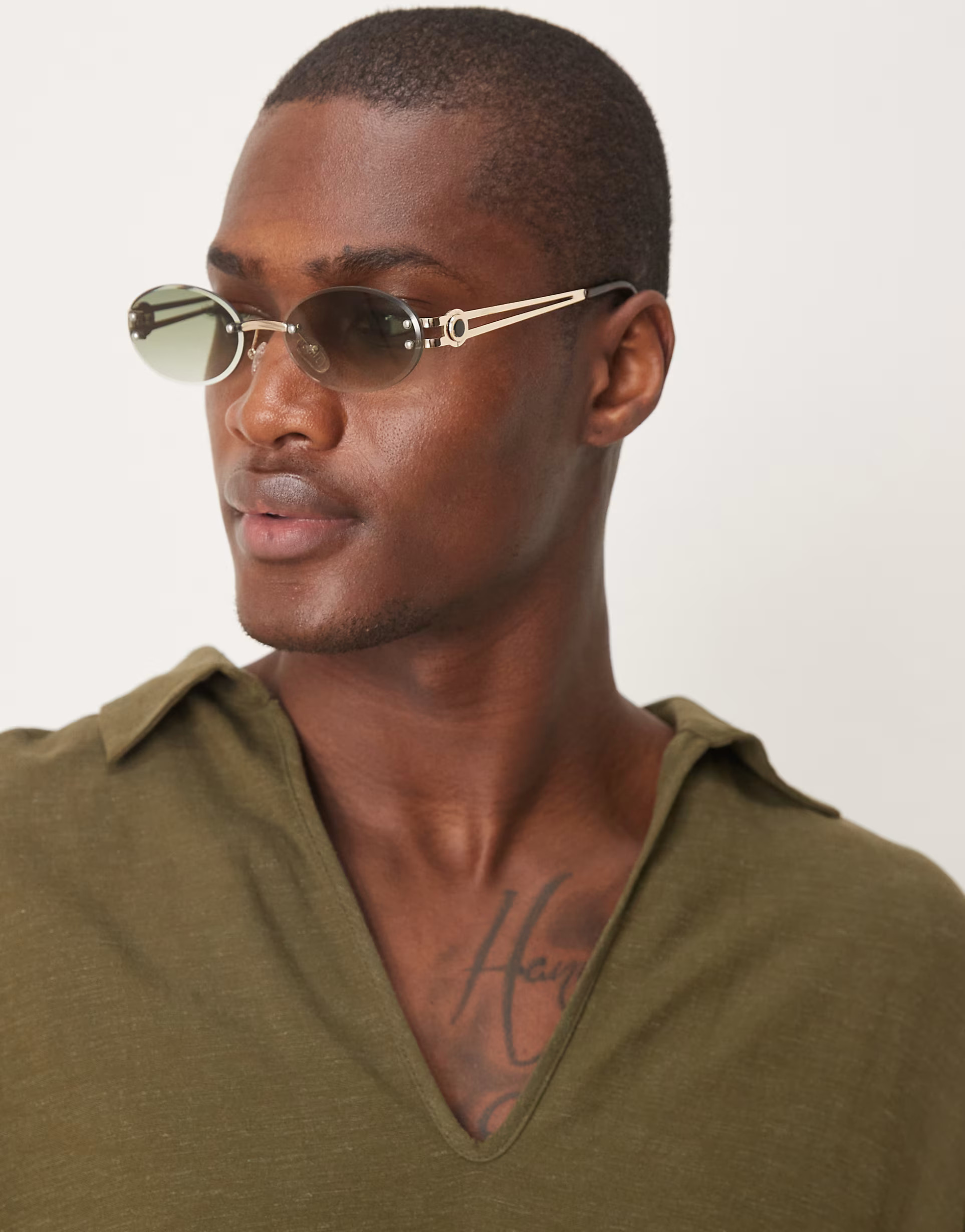 ASOS DESIGN rimless sunglasses with khaki lens and gold frame | ASOS (Global)