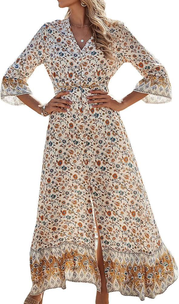 Women Summer Bohemian 3/4 Sleeve Floral Dress V Neck High Split A-Line Flowy Maxi Long Dress | Amazon (US)