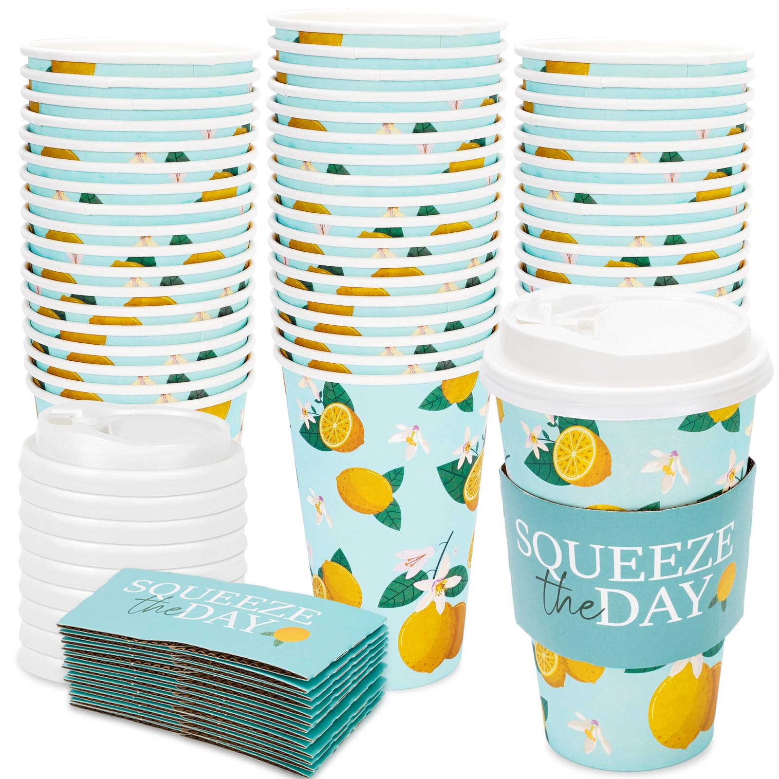 48 Pack Lemon Disposable Coffee Cups with Lids and Sleeves 16OZ Blue Yellow Lemon Paper Cups Drin... | Amazon (US)