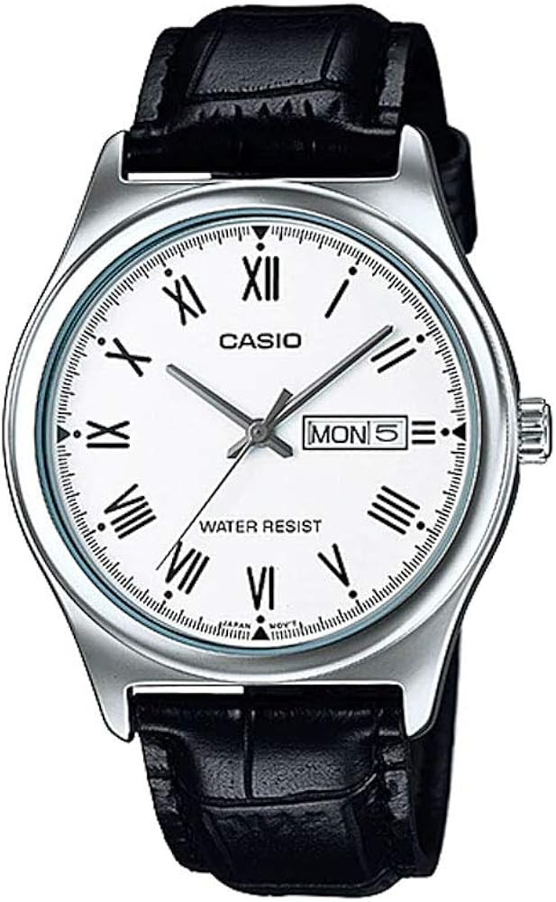 Casio MTP-V006L-7B Men's Leather Band White Roman Dial Day Date 3-Hand Analog Watch | Amazon (US)