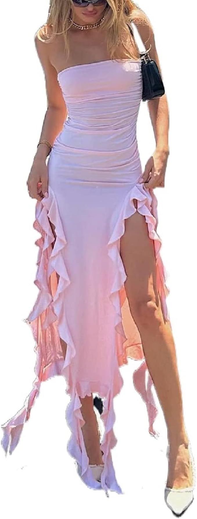 Women Sexy Irregular Ruffle Hem Strapless Dress 3D Floral Tassels Bodycon Tube Dress Party Long D... | Amazon (US)
