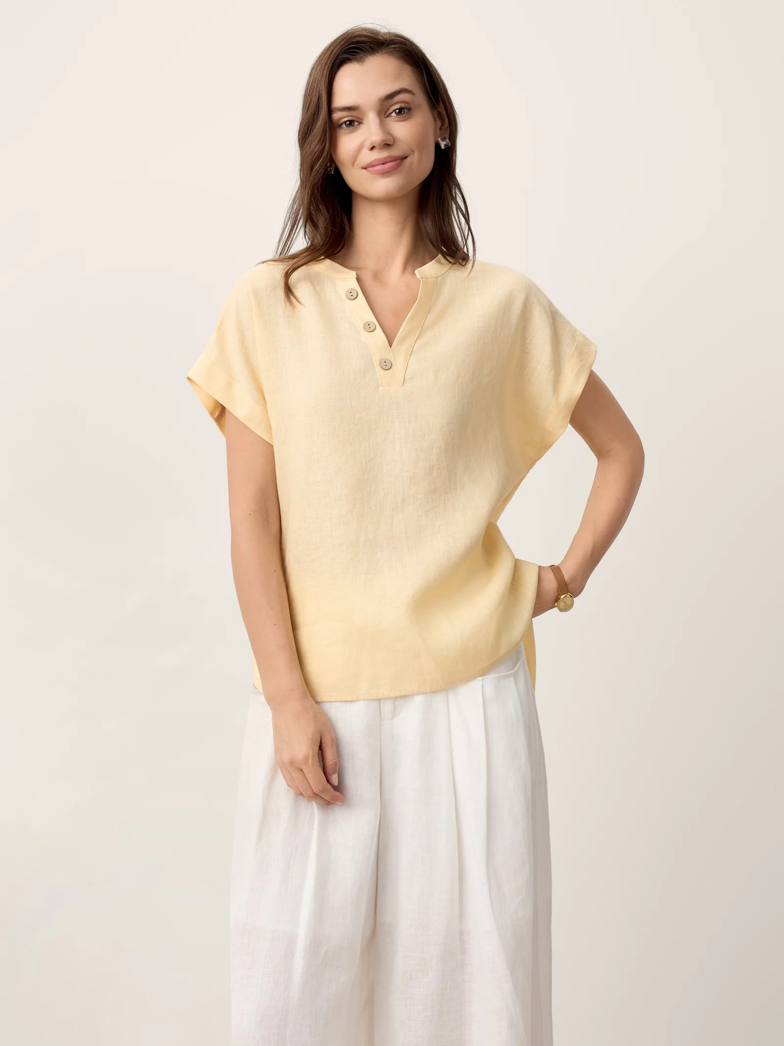 100% Linen Stand-Collar Curved-Hem Top CRESSA | LINTICO