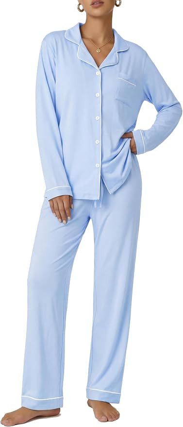 Ekouaer Pajamas Women's Long Sleeve Sleepwear Soft Button Down Loungewear Pjs Lounge Set Nightwea... | Amazon (US)