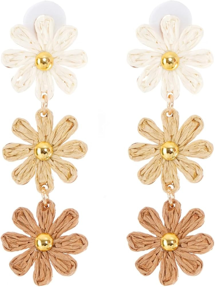 Raffia Flower Earrings Boho Handmade Straw Wrapped Drop Dangle Earrings for Women Summer Beach Je... | Amazon (US)