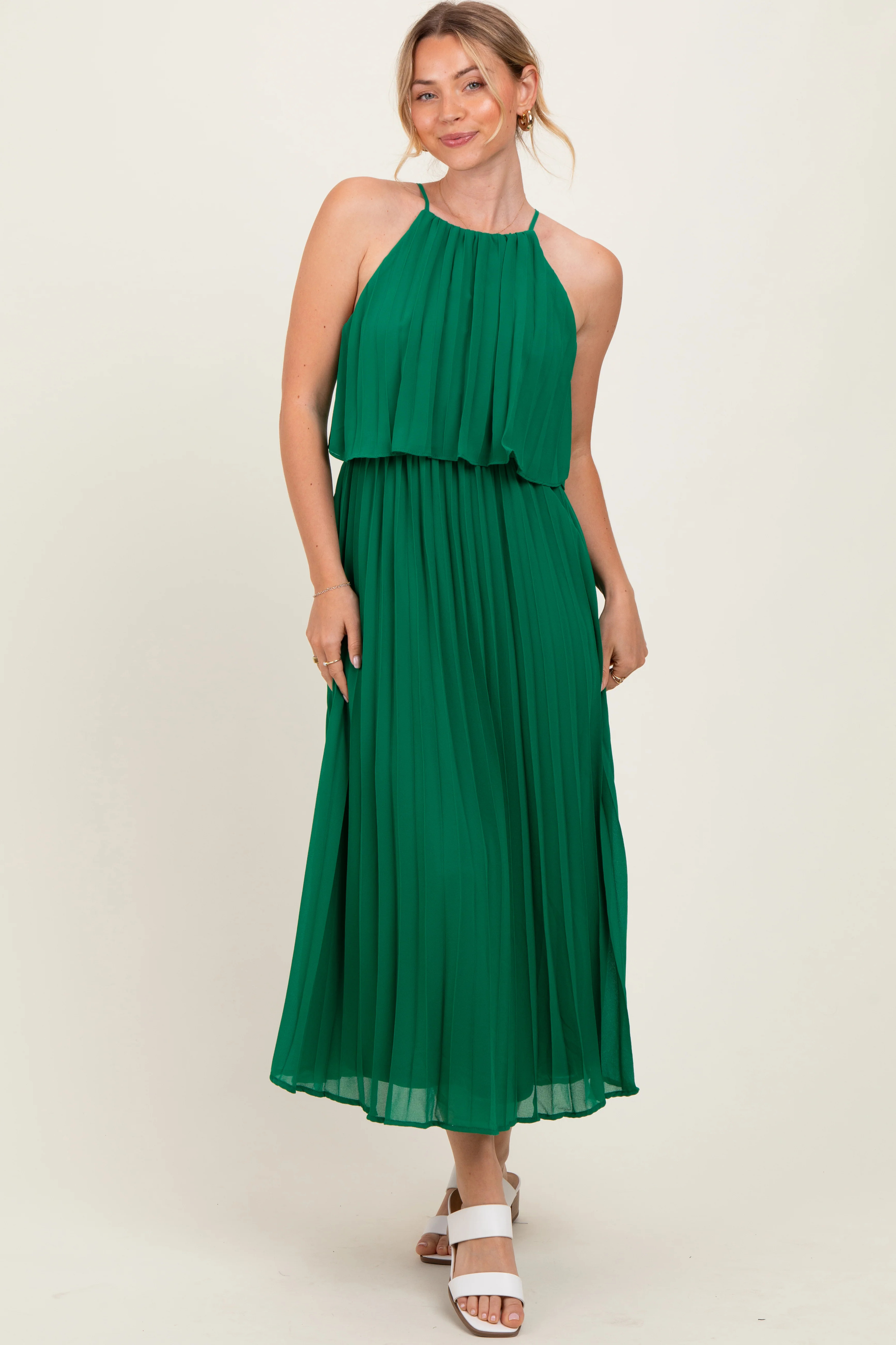 Green Pleated Woven Midi Dress | PinkBlush Maternity