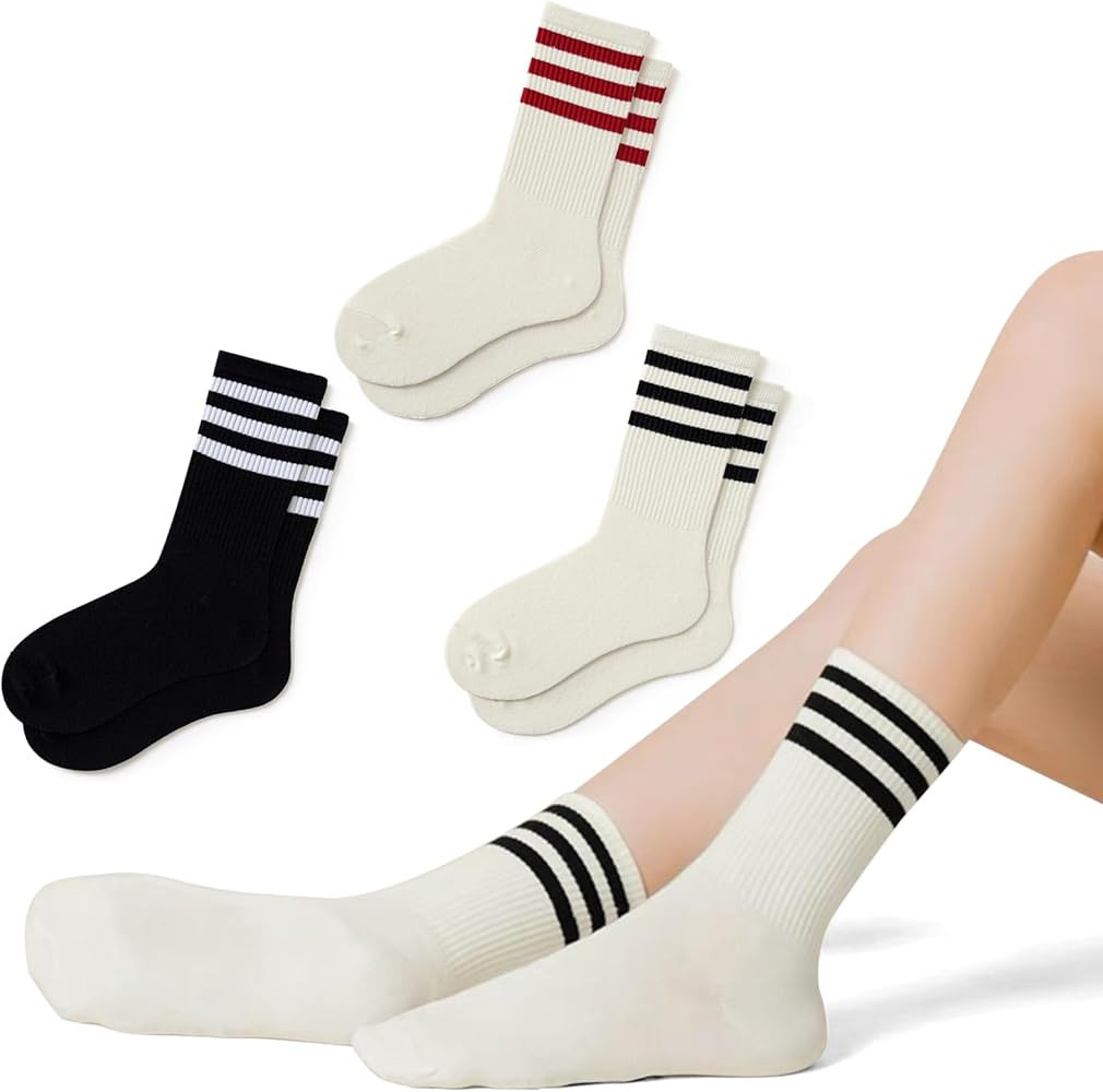 4 PAIRS Retro Stripe Tube Socks Classic Athletic Sport Crew Socks For Women Casual Cotton Novelty... | Amazon (US)
