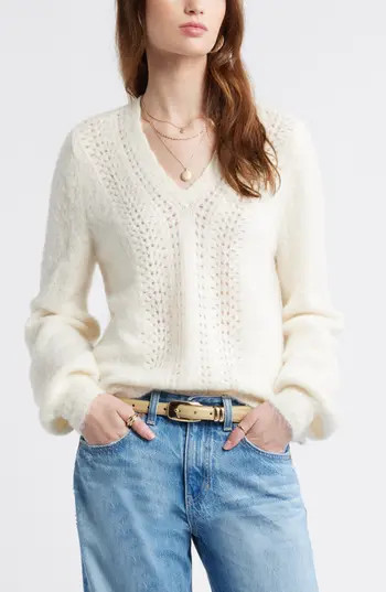 Treasure & Bond Oversize Pointelle V-Neck Sweater in Ivory Dove at Nordstrom Rack, Size X-Small | Nordstrom Rack