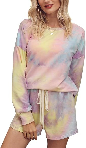 PRETTYGARDEN Women’s Tie Dye Printed Pajamas Set Long Sleeve Tops With Shorts Lounge Set Casual Two- | Amazon (US)