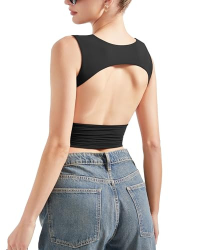 SUUKSESS Women Sexy Backless Tank Top Summer Going Out Y2k Sleeveless Basic Crop Tops Shirts (Black,S) | Amazon (US)