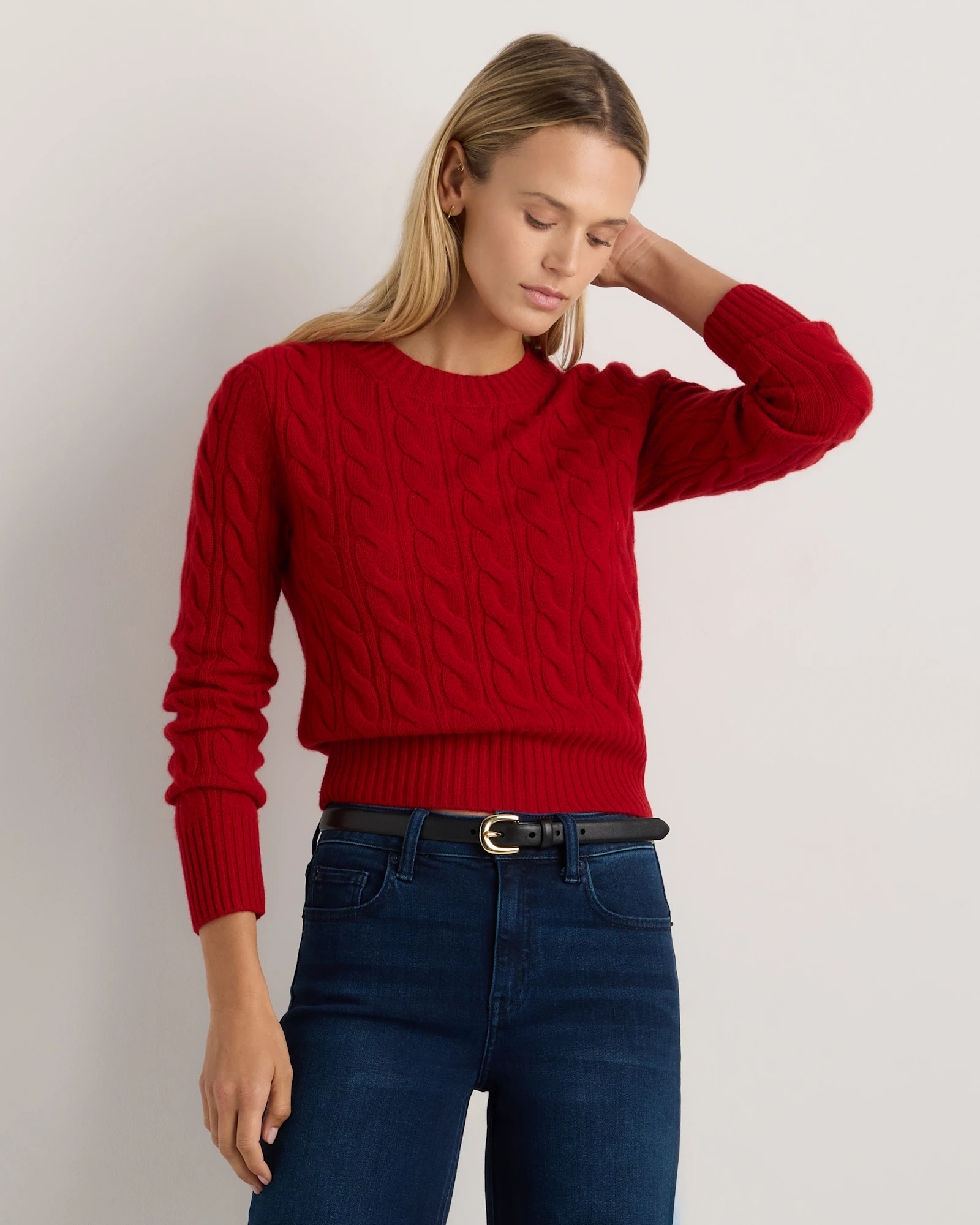 Quince | Women's Mongolian Cashmere Shrunken Cable Crewneck Sweater in Charcoal, Size XL | Quince
