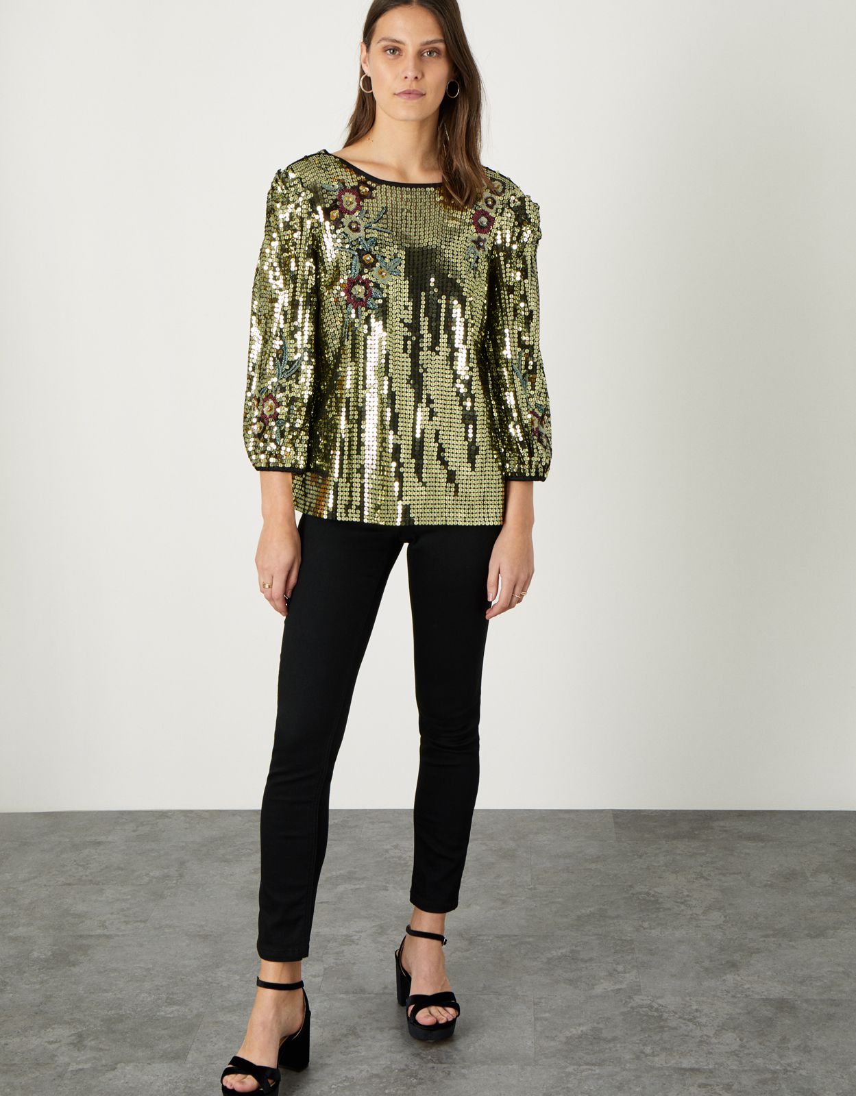 Monsoon Gold (GOLD) Celia Sequin Crop-Sleeve Blouse Gold, in Size: 22 | Monsoon (UK)