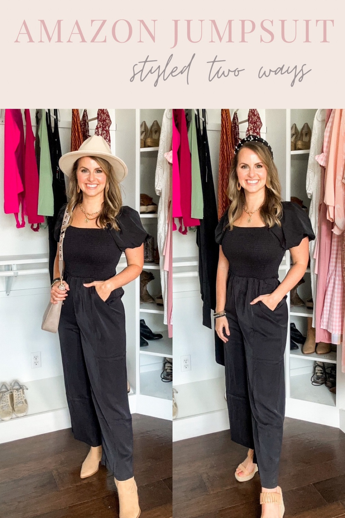 Amazon jumpsuit styled two ways! Wide leg jumpsuit with smocked bodice and puff sleeves! Loving these two purses from bostanten  ones like a satchel purse and one is a smaller cross body. The quality is amazing, the bags have great compartments, gold hardware & a guitar strap design! Purses would make a great gift too! 

#LTKGiftGuide #LTKSeasonal #LTKitbag