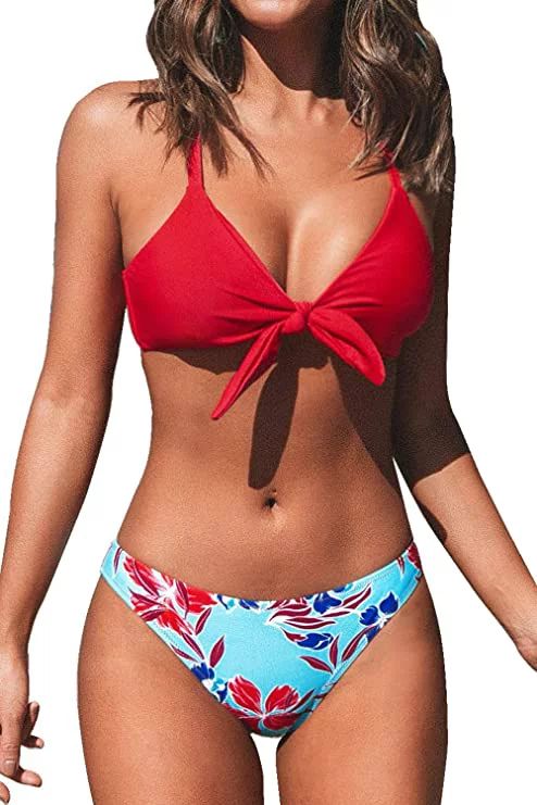 Women's Red Floral Print Knotted Bikini Set | Seaselfie by Cupshe | Walmart (US)