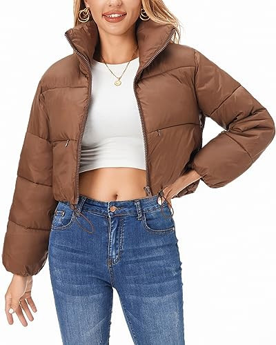 Fuinloth Women's Puffer Jacket, High Stand Collar Zip Pocket Crop Long Sleeve Coat Brown Small | Amazon (US)