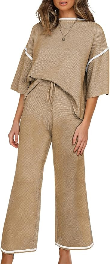 SHEWIN Womens Two Piece Outfits Casual Short Sleeve Knit Sweater Tops Matching Wide Leg Pants Tra... | Amazon (US)