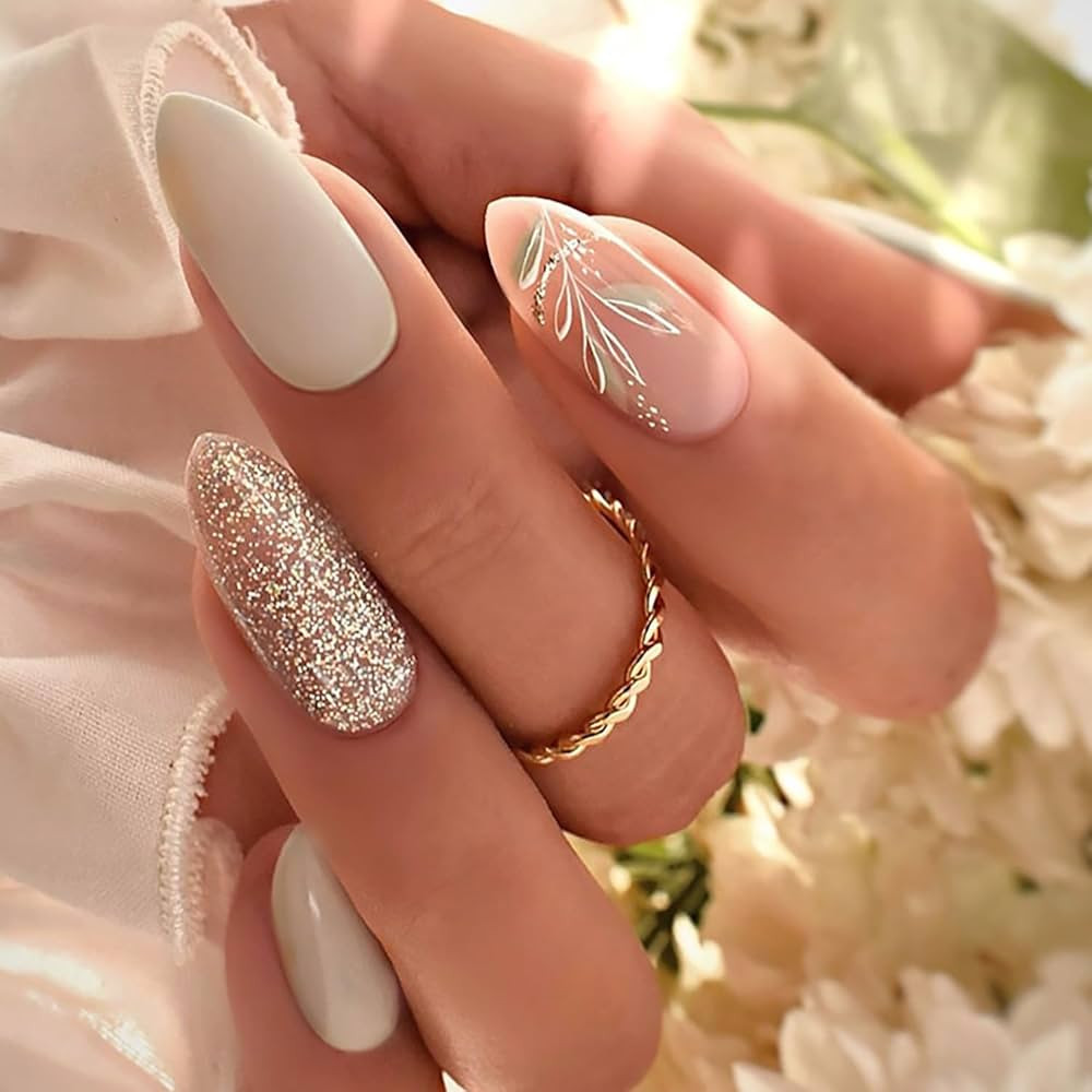 Fall Press on Nails Medium Fake Nails Almond False Nails White Glossy Acrylic Nails Branch Glue o... | Amazon (US)