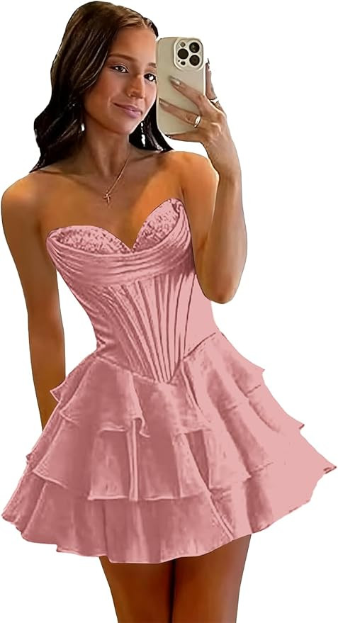 Lace Appliques Tiered Chiffon Homecoming Dresses 2026 Short for Teens Corset Strapless Cocktail G... | Amazon (US)