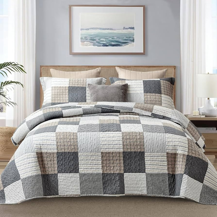 Finlonte Quilt Set Queen Size - 100% Cotton Queen Comforter Set, Plaid Quilted Bedspread Farmhous... | Amazon (US)