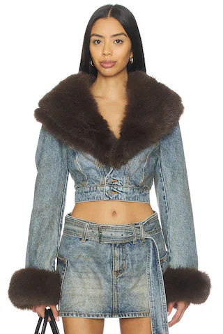 AFRM The Low Neck Denim Jacket With Faux Fur in Dusty Tint Wash from Revolve.com | Revolve Clothing (Global)