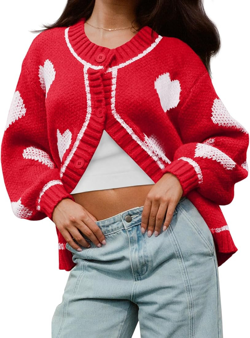 Saodimallsu Womens Cute Heart Cardigan Sweaters Valentines Day Chunky Knit Button Crewneck Long S... | Amazon (US)