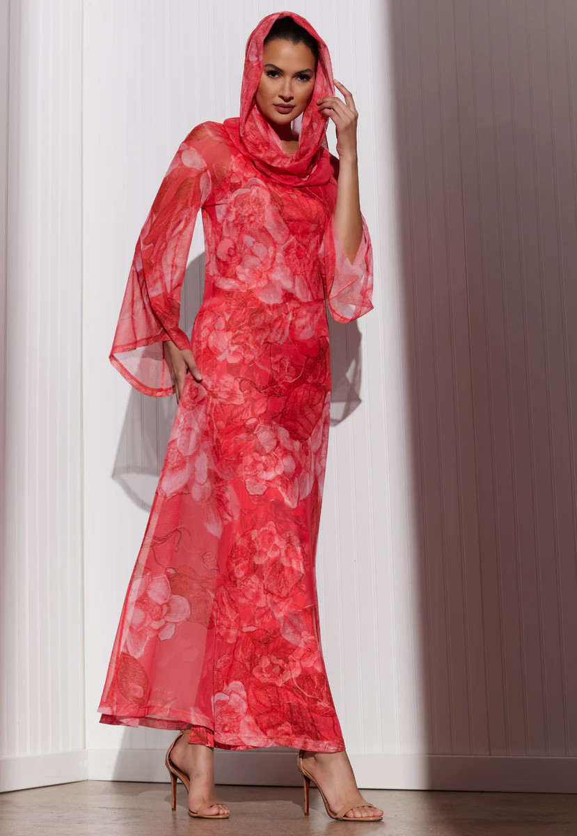 Karla Sheer Hoodie Gown in Coral Grandiflora | Ala von Auersperg